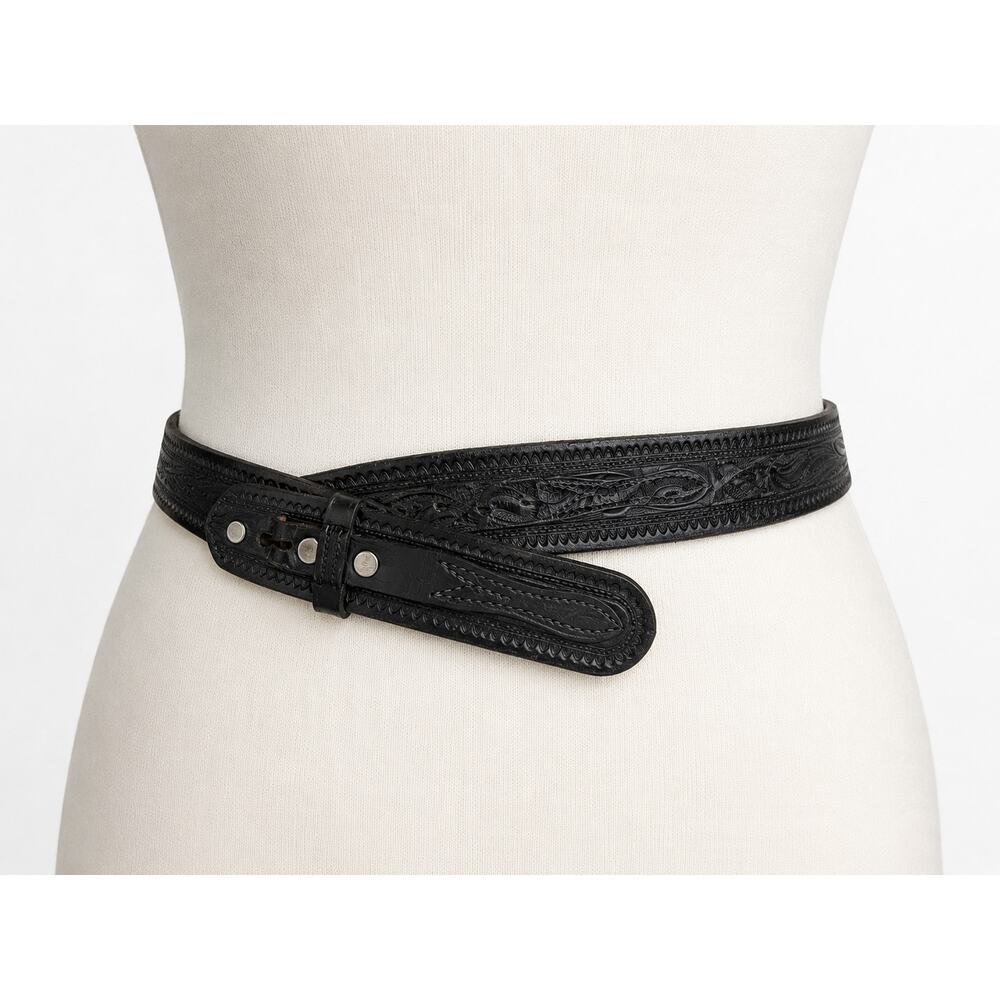 Looper Western Leather Belt Black Tooled Workwear Belt Worn In Vintage 34 40in